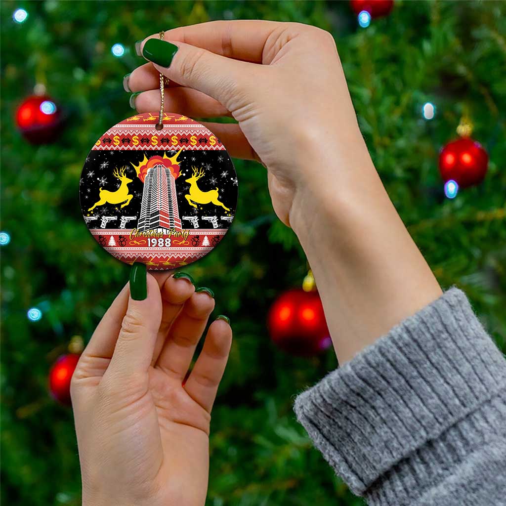 Black ceramic hanging ornament with gold loop, 1988 skyline tower and yellow horses