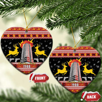 Black ceramic heart ornament with gold loop; FRONT and BACK show 1988 skyline tower