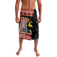 Black sarong-style skirt with colorful Christmas-themed graphic panel print