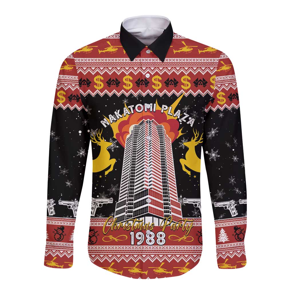 Black long-sleeve button shirt with festive skyline graphic, holiday trim