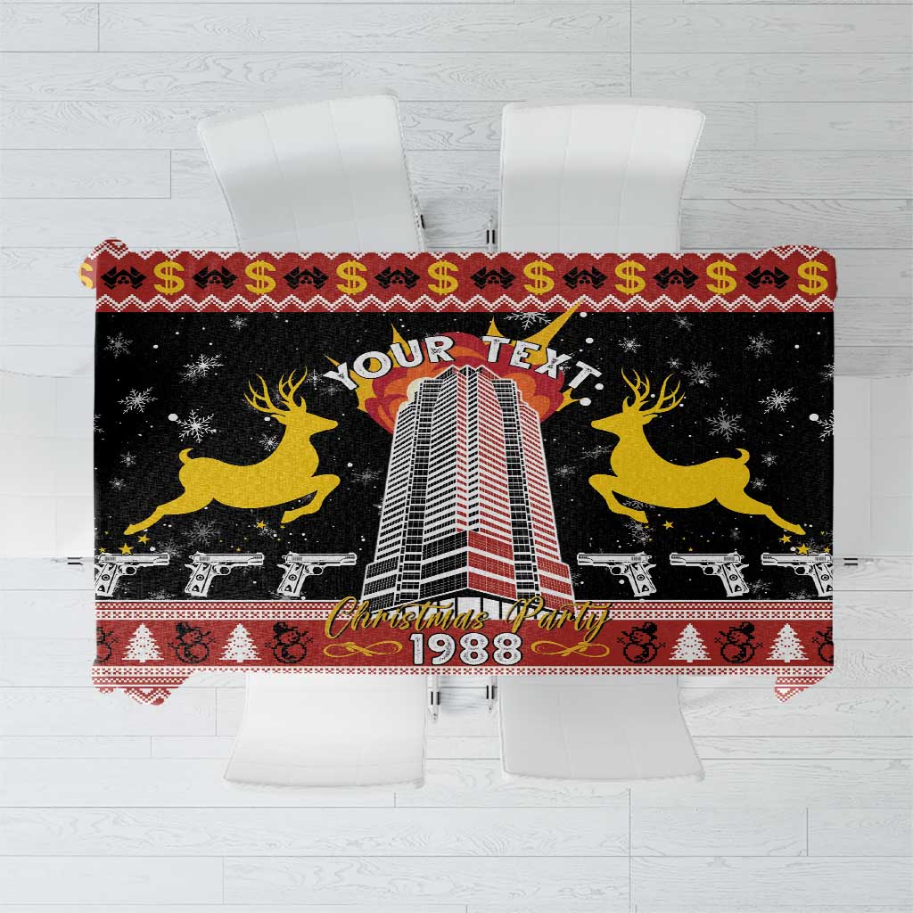 Black and red Christmas tablecloth with deer figures, skyline, and '1988' graphic