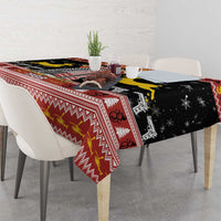 Black and red tablecloth with deer and skyline print, draped over dining table