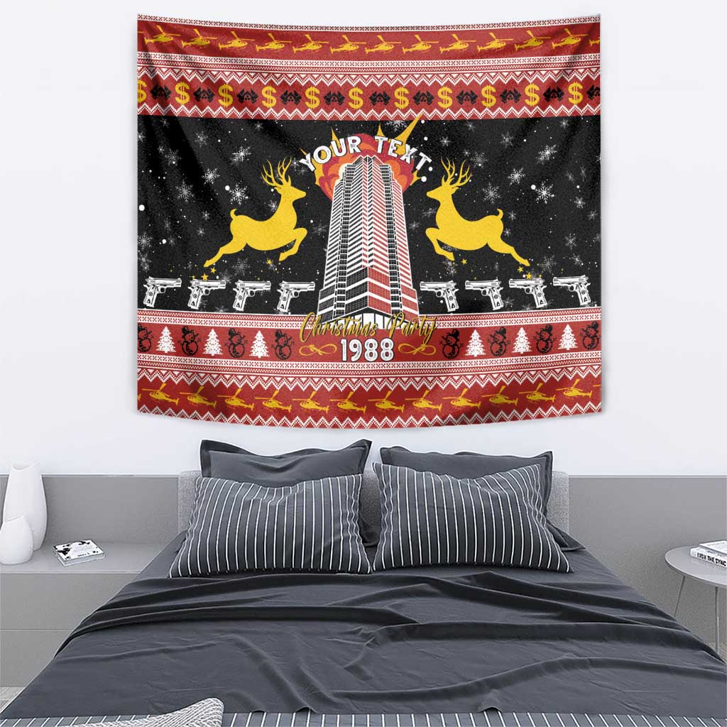 Rectangular black Christmas tapestry with tower, yellow reindeer, 'YOUR TEXT' and 1988
