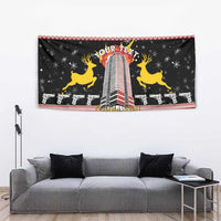 Black Christmas tapestry with tower artwork, yellow reindeer, festive border and 'YOUR TEXT'