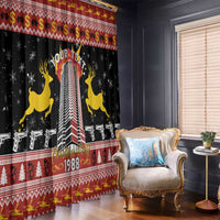 Black Christmas curtain with red border, yellow reindeer, and “1988” festive design accents