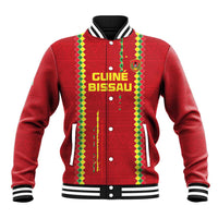 Red varsity baseball jacket with black-and-white striped collar, cuffs, and front graphics