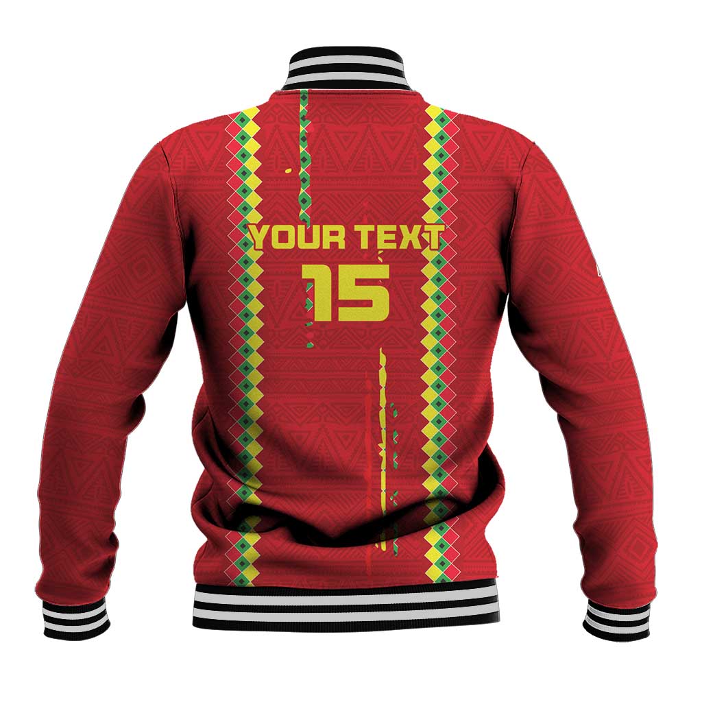 Red varsity baseball jacket, black-and-white striped trim, back graphic with text and number 15