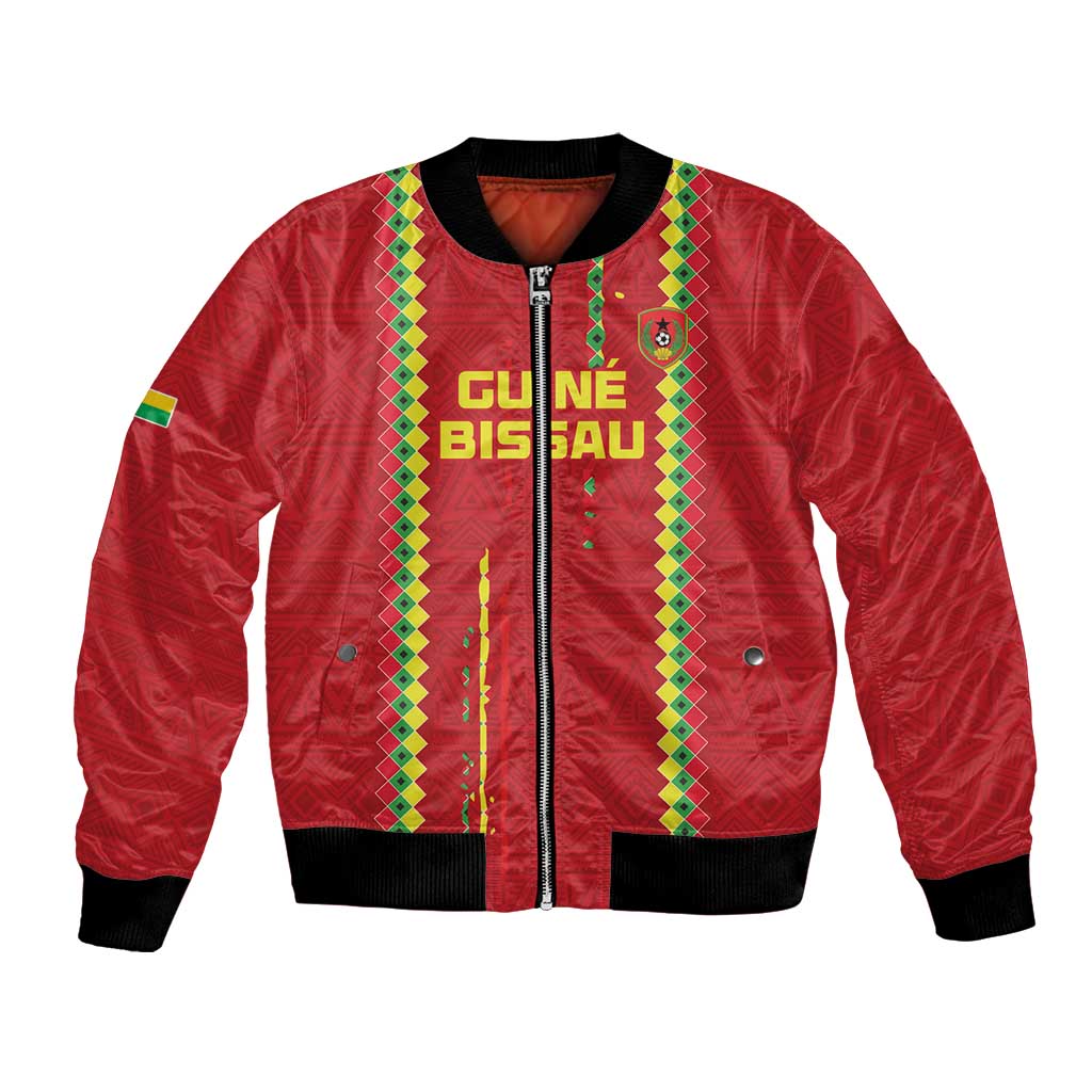 Red football bomber jacket with black rib trim, zip front, and green-yellow graphic