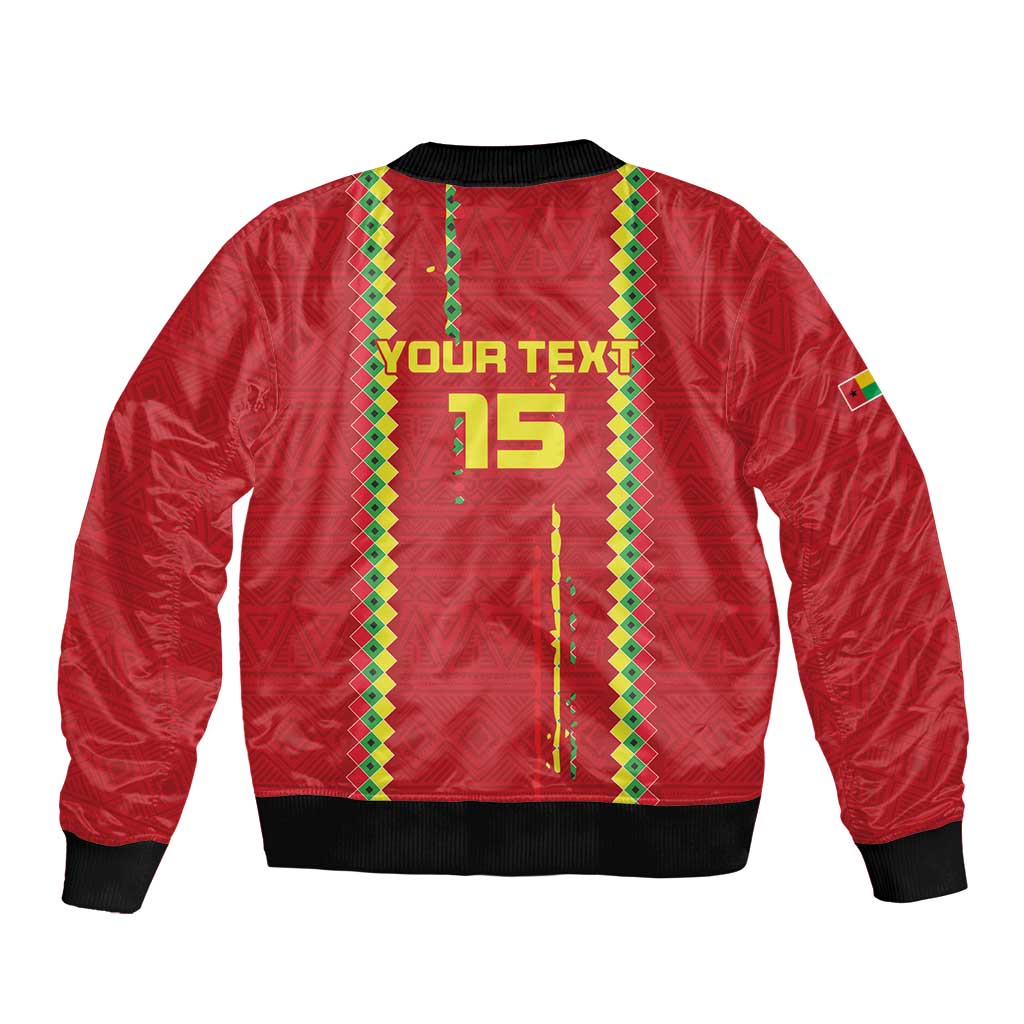 Red football bomber jacket back with black rib trim, green-yellow border, 'YOUR TEXT 15'