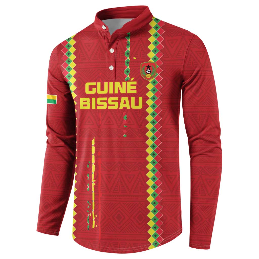 Guinea Bissau football button sweatshirt, red, long sleeve with patterned trim