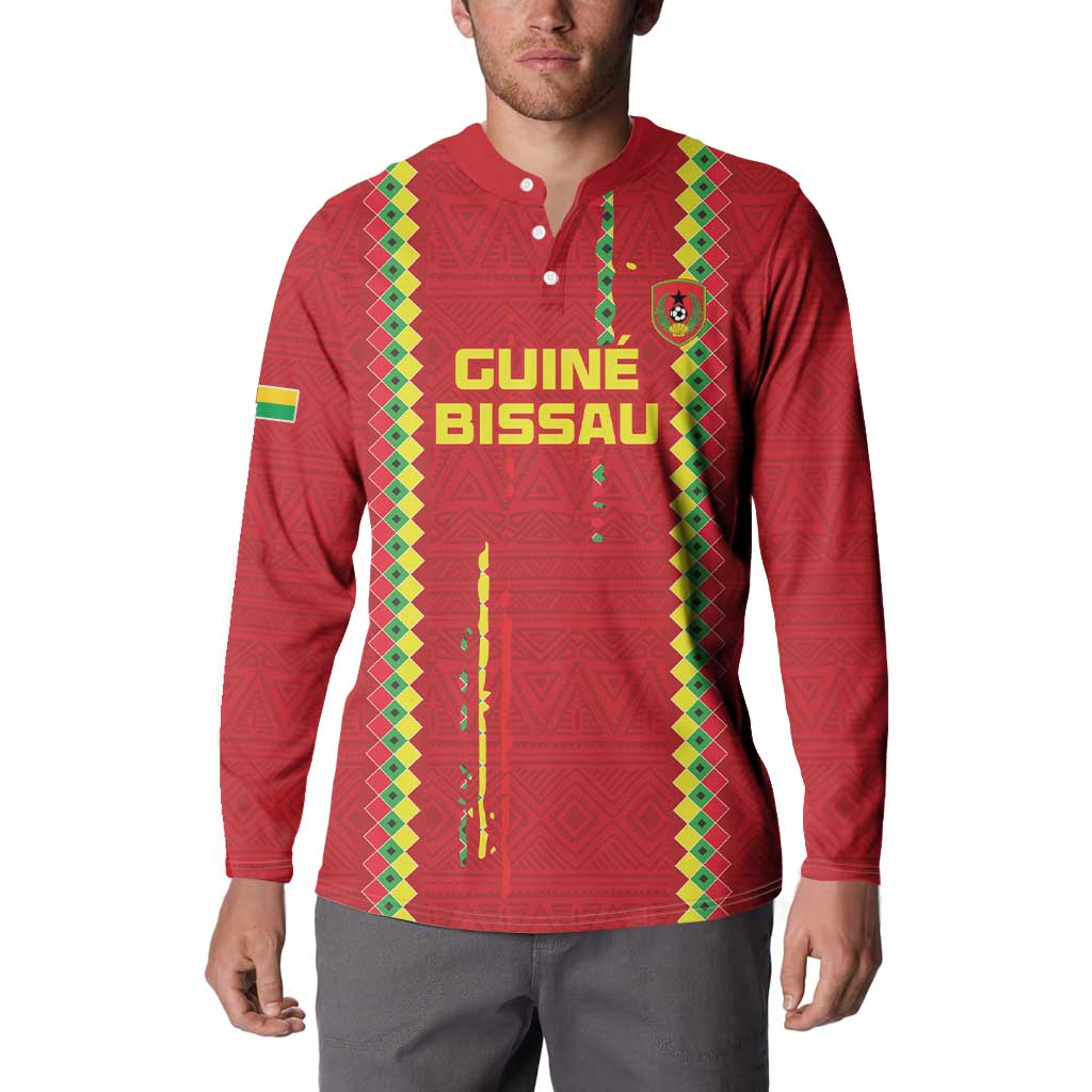 Red long-sleeve button sweatshirt with Guinea Bissau text and patterned trim