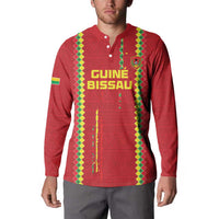 Red long-sleeve button sweatshirt with Guinea Bissau text and patterned trim