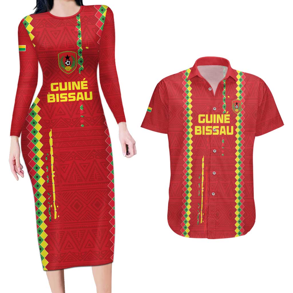 Custom Guinea Bissau Football Couples Matching Long Sleeve Bodycon Dress and Hawaiian Shirt Go Djurtus - Red Ver - Wonder Print Shop