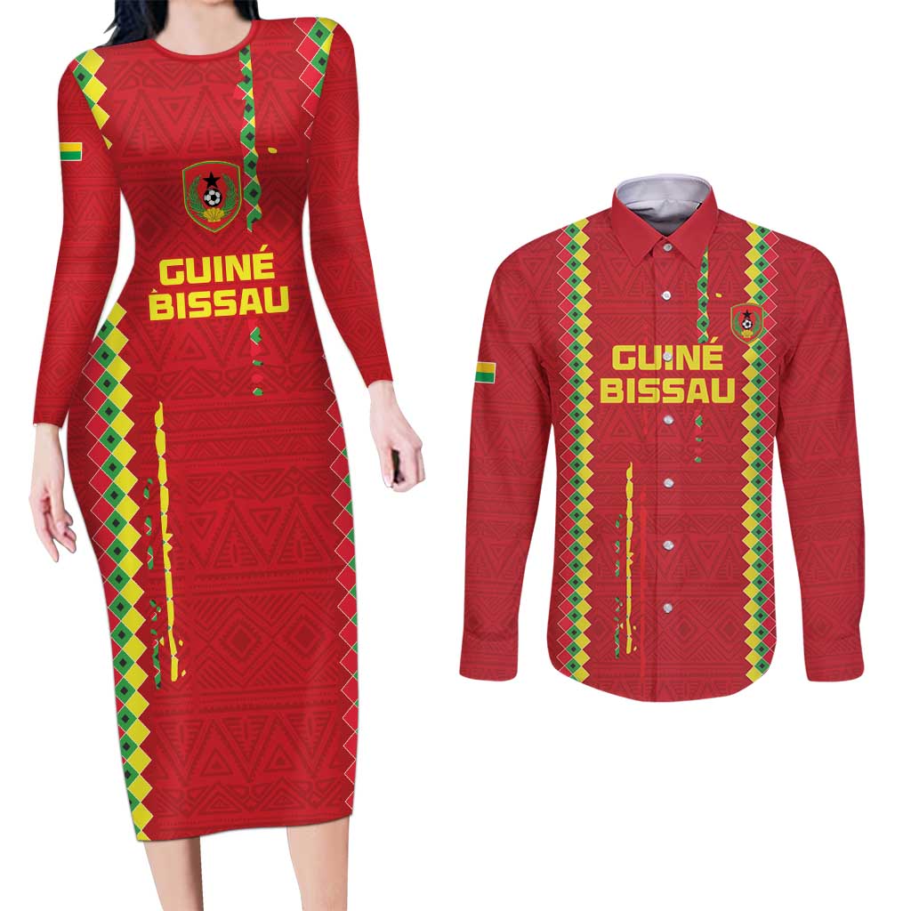 Custom Guinea Bissau Football Couples Matching Long Sleeve Bodycon Dress and Long Sleeve Button Shirt Go Djurtus - Red Ver - Wonder Print Shop