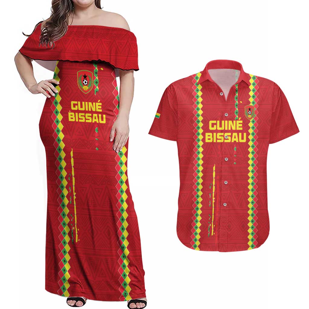 Custom Guinea Bissau Football Couples Matching Off Shoulder Maxi Dress and Hawaiian Shirt Go Djurtus - Red Ver - Wonder Print Shop