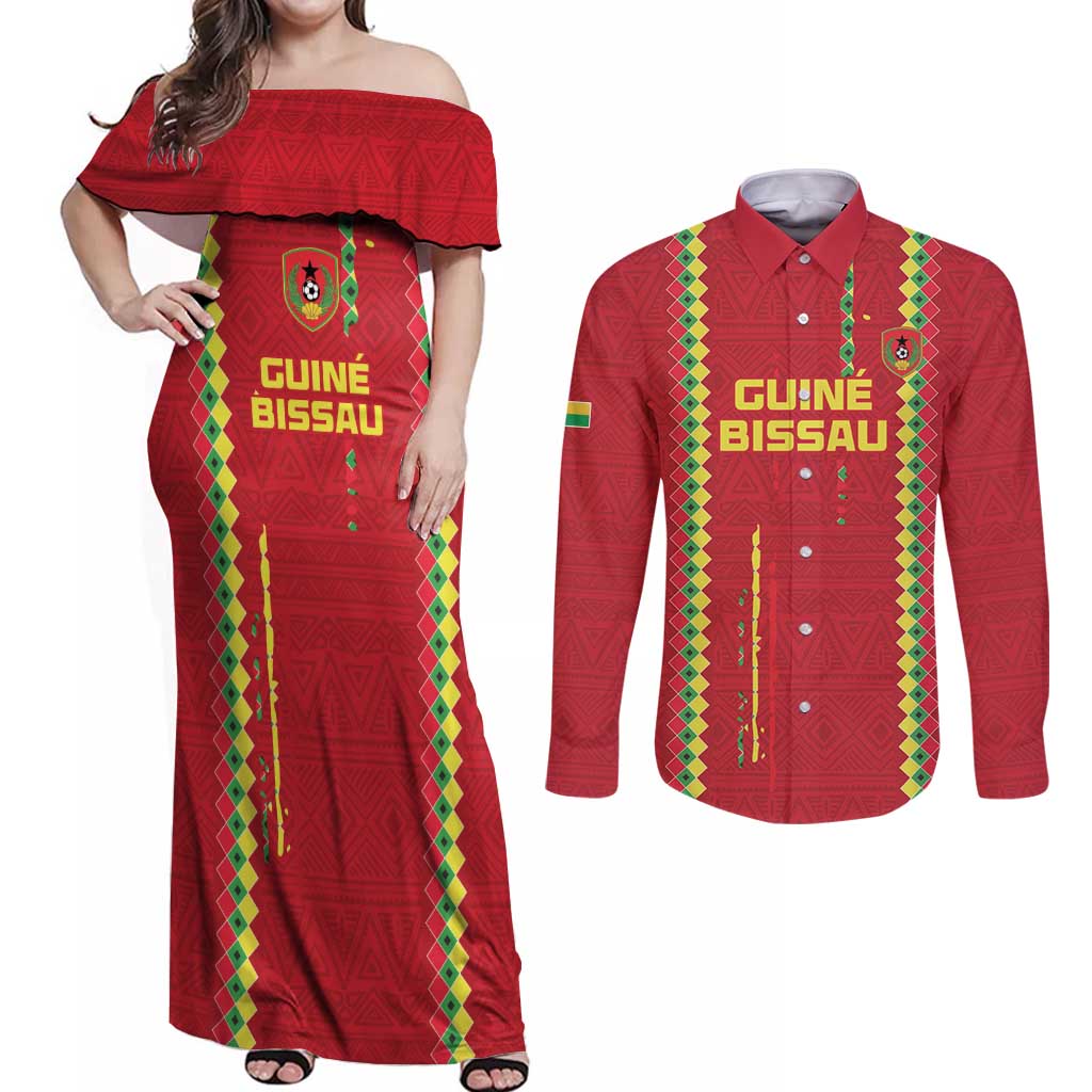 Custom Guinea Bissau Football Couples Matching Off Shoulder Maxi Dress and Long Sleeve Button Shirt Go Djurtus - Red Ver - Wonder Print Shop