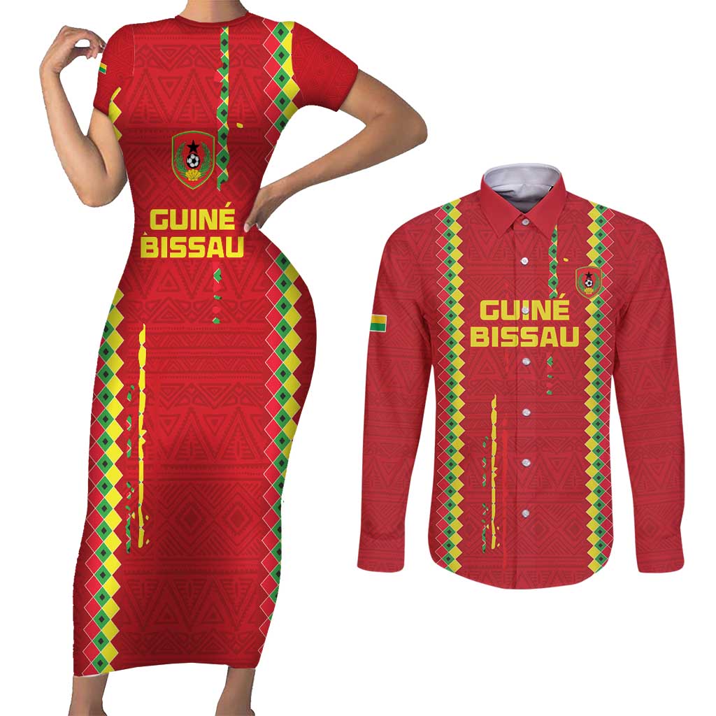 Custom Guinea Bissau Football Couples Matching Short Sleeve Bodycon Dress and Long Sleeve Button Shirt Go Djurtus - Red Ver - Wonder Print Shop