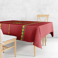 Red football tablecloth with green diamond trim and corner hanging drop