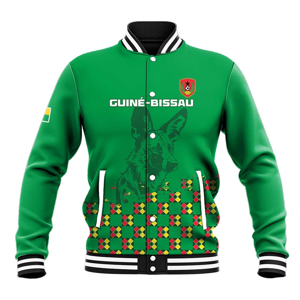 Green Guinea-Bissau baseball jacket with striped collar, cuffs, and patterned hem