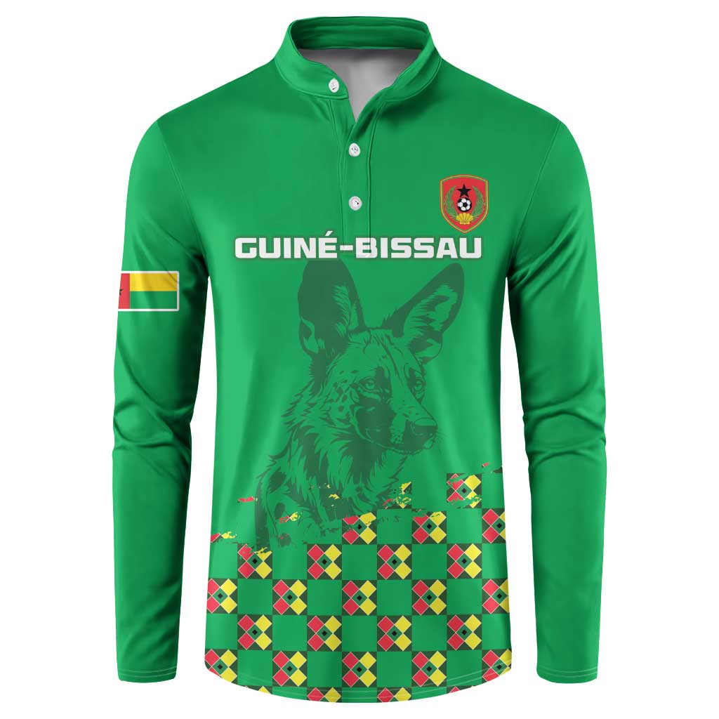 Green button-front long-sleeve sweatshirt with Guinea-Bissau emblem and striped logo print