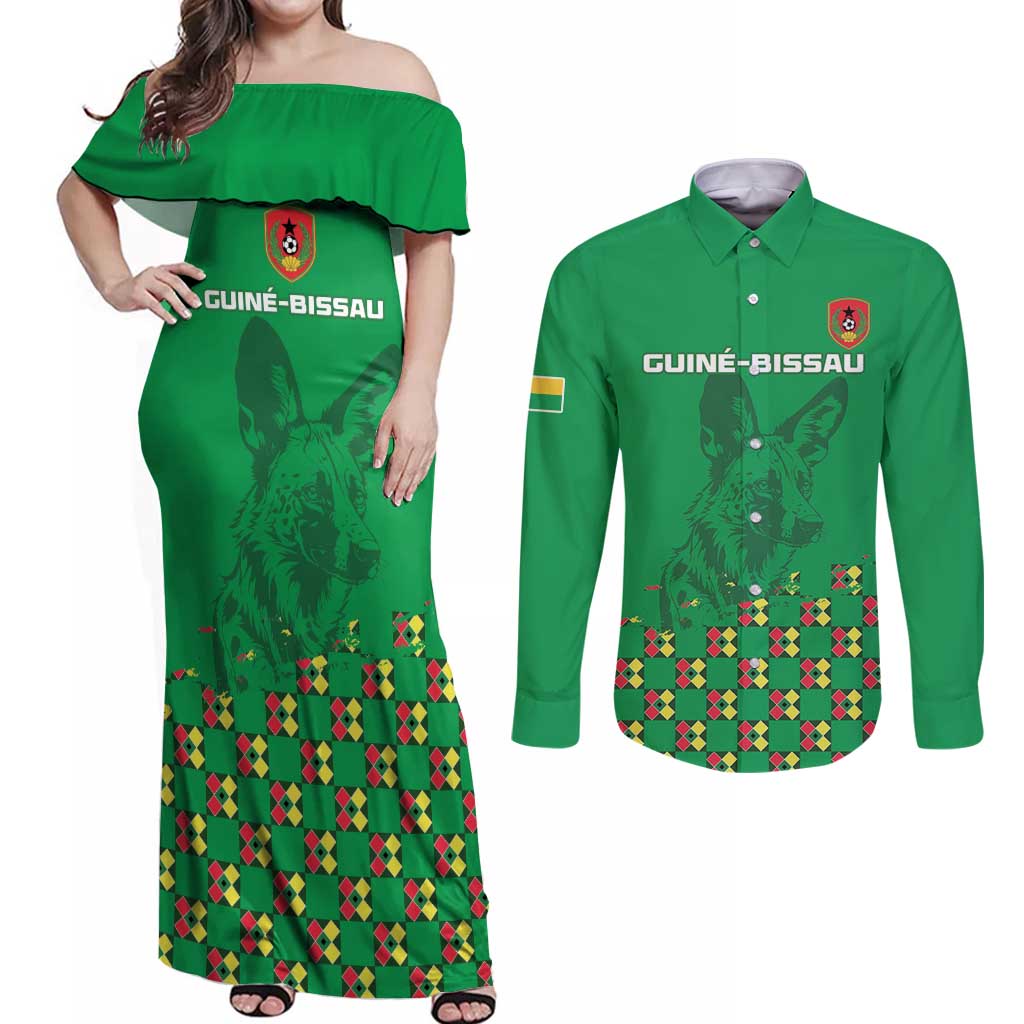 Custom Guinea Bissau Football Couples Matching Off Shoulder Maxi Dress and Long Sleeve Button Shirt Go Djurtus - Green Ver - Wonder Print Shop