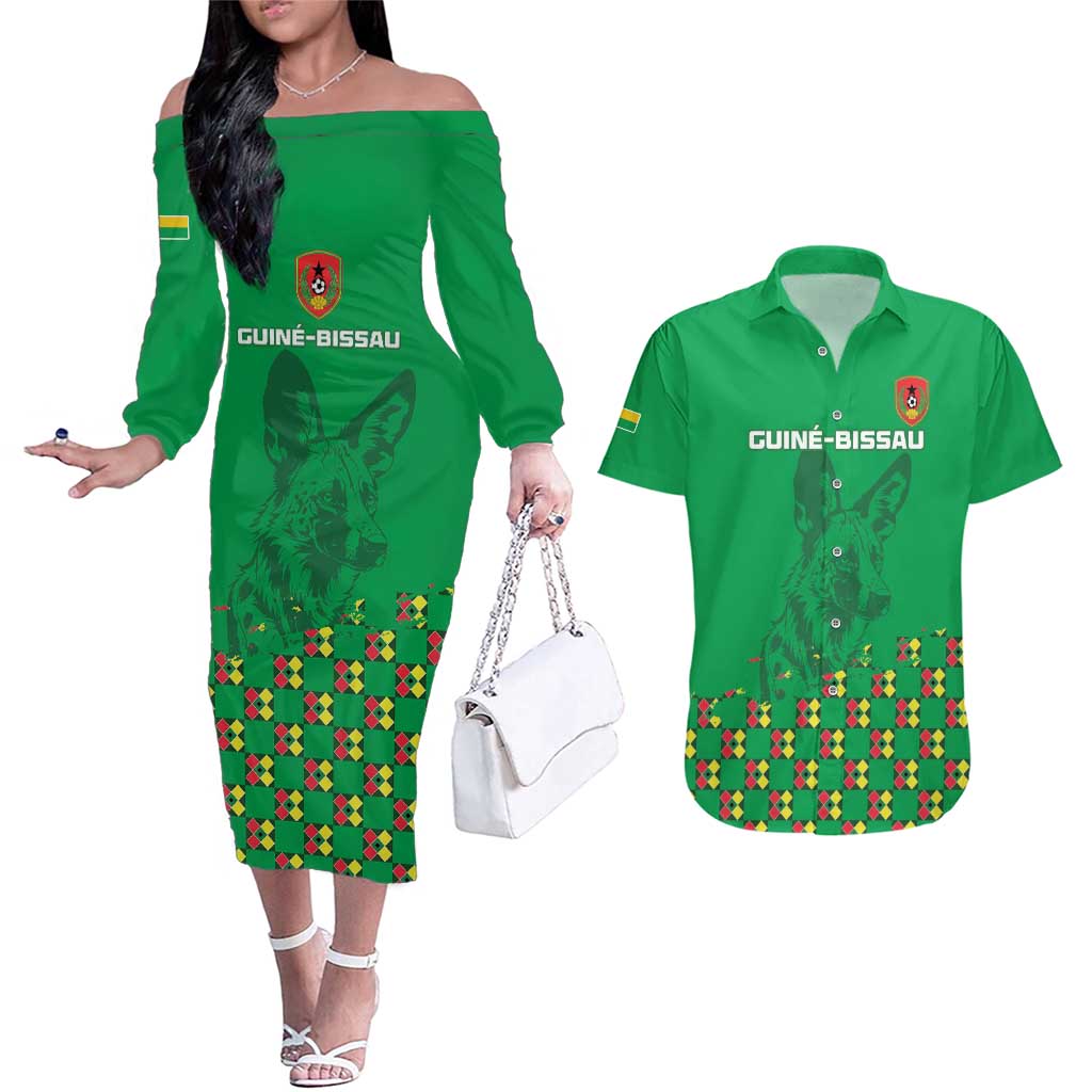 Custom Guinea Bissau Football Couples Matching Off The Shoulder Long Sleeve Dress and Hawaiian Shirt Go Djurtus - Green Ver - Wonder Print Shop