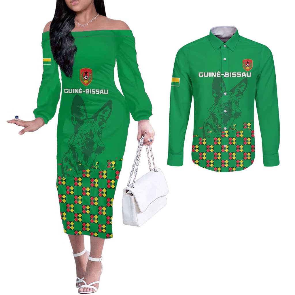 Custom Guinea Bissau Football Couples Matching Off The Shoulder Long Sleeve Dress and Long Sleeve Button Shirt Go Djurtus - Green Ver