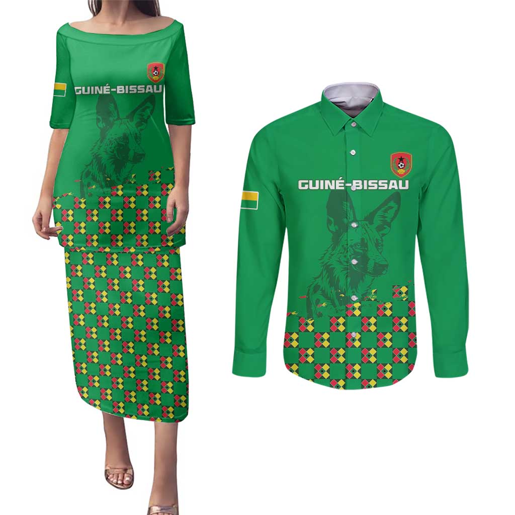 Custom Guinea Bissau Football Couples Matching Puletasi and Long Sleeve Button Shirt Go Djurtus - Green Ver - Wonder Print Shop