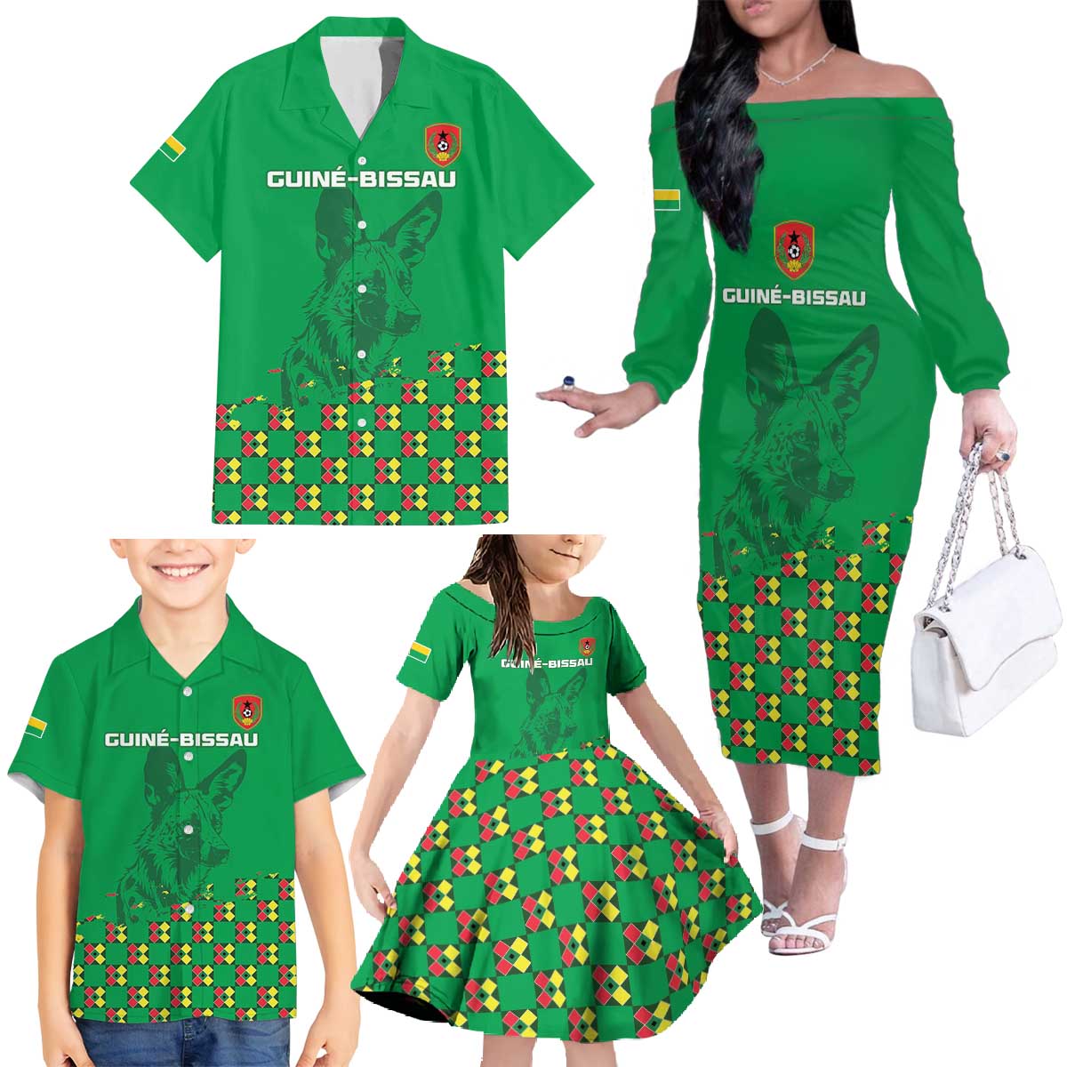 Custom Guinea Bissau Football Family Matching Off The Shoulder Long Sleeve Dress and Hawaiian Shirt Go Djurtus - Green Ver - Wonder Print Shop