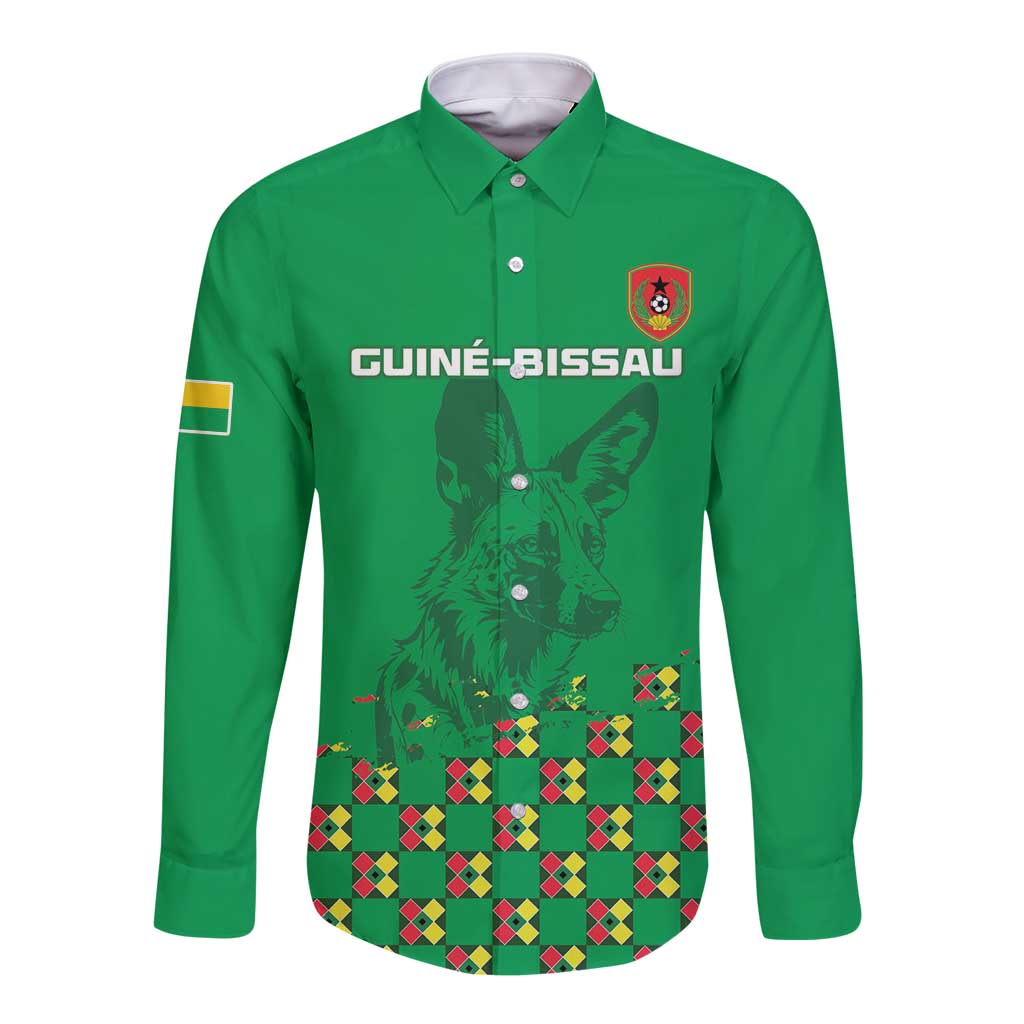 Green long-sleeve button shirt with Guinea-Bissau graphic, crest, and patterned hem