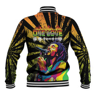 Unisex black baseball jacket with ribbed hem and large back Bob Marley logo graphic