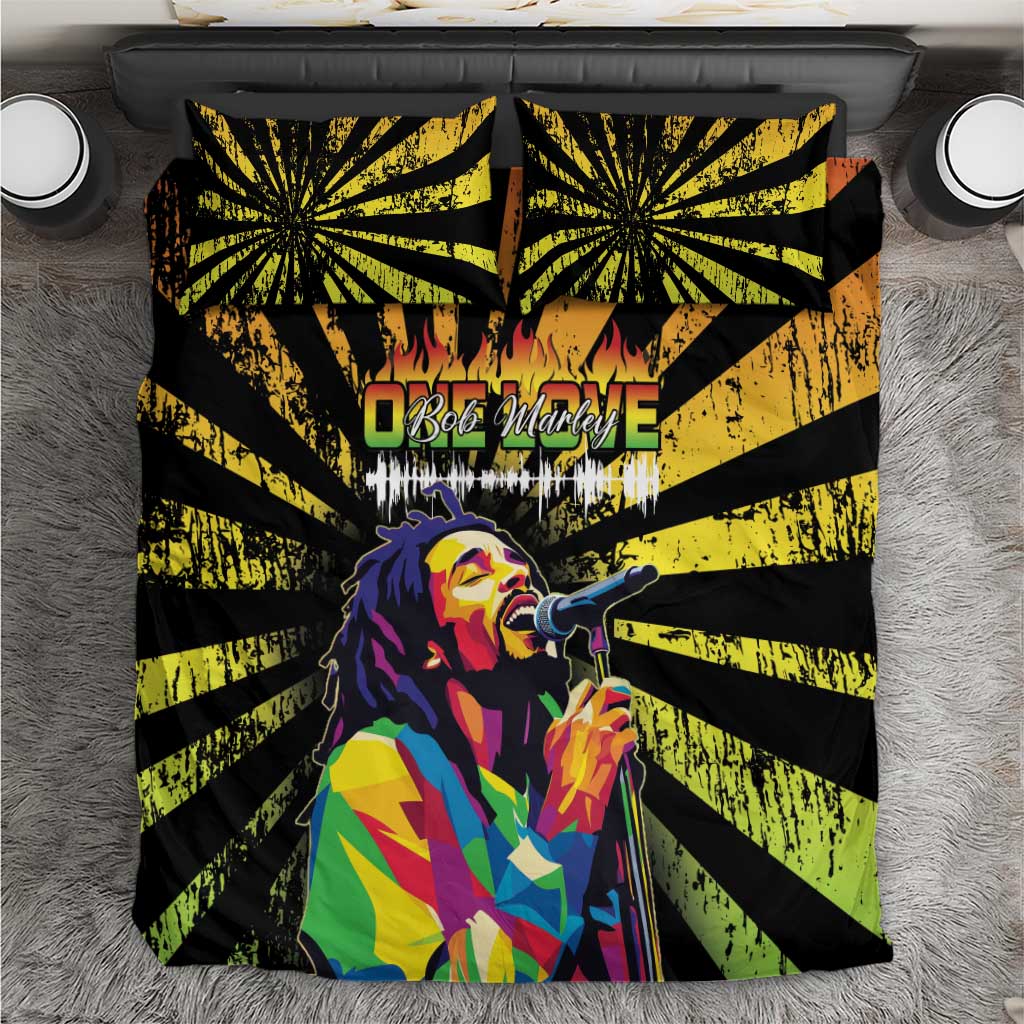Black duvet cover set with yellow-green radial rays and Bob Marley graphic; 2 matching pillows.