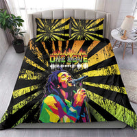 Black duvet cover set with bold yellow-green sunburst stripes and Bob Marley portrait; 2 pillows.