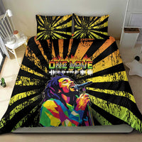 Black duvet cover set with yellow-green rays, fire accents, and Bob Marley graphic; 2 pillows.