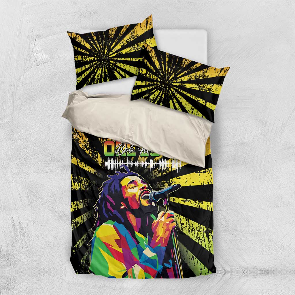 Black duvet cover set with yellow-green sunburst stripes and Bob Marley portrait; 2 matching pillows.