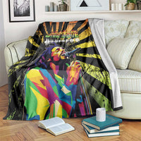 Bob Marley grunge style blanket, black with yellow rays and colorful portrait holding mic