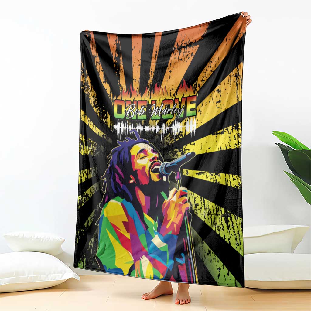 Bob Marley grunge style blanket, black and yellow graphic rays with portrait and microphone