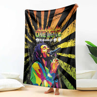 Bob Marley grunge style blanket, black and yellow graphic rays with portrait and microphone