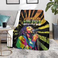 Bob Marley grunge style blanket, black and yellow grunge rays with colorful portrait holding mic
