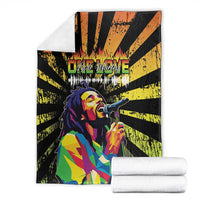 Bob Marley grunge style blanket folded, black and yellow rays with colorful portrait and mic