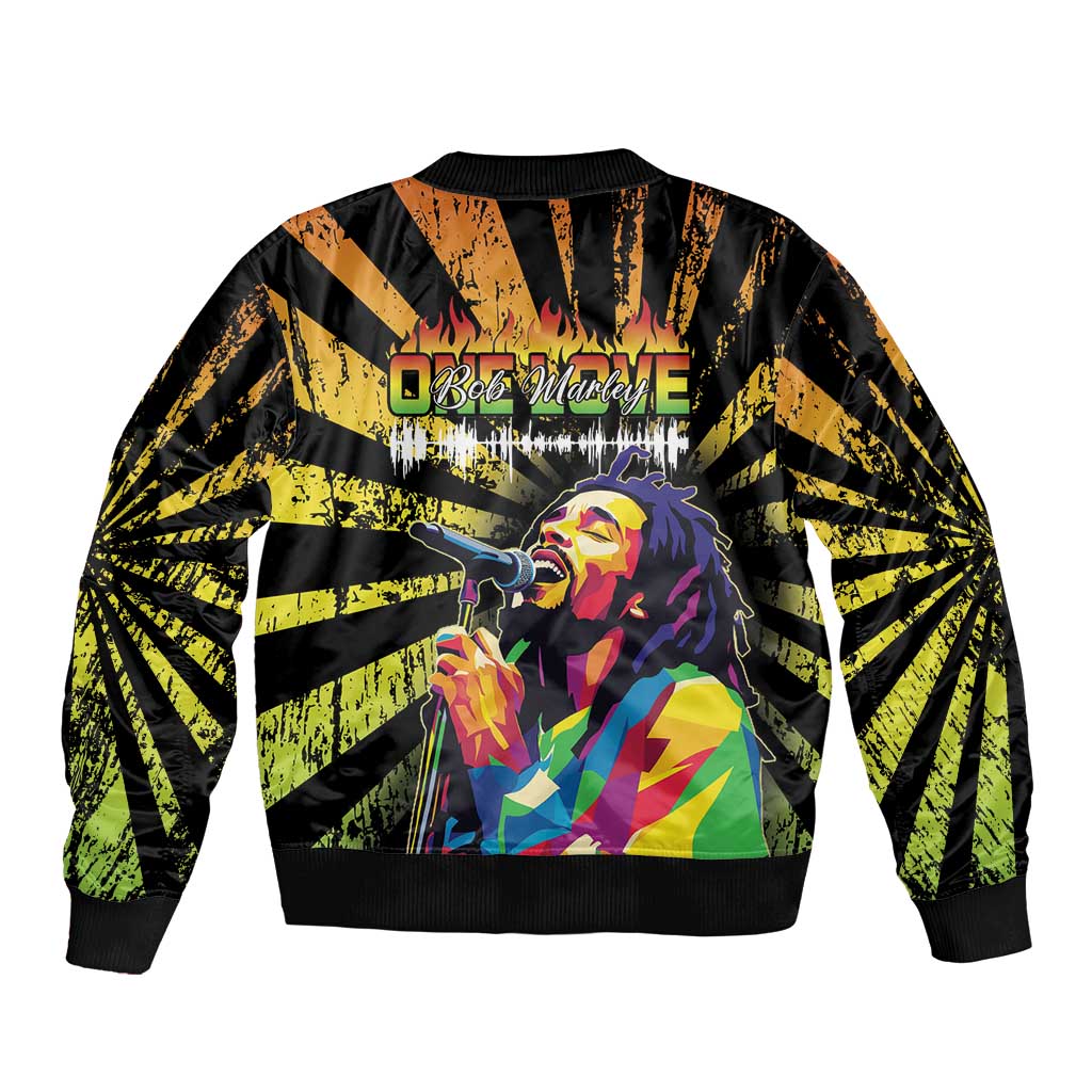 Black unisex bomber jacket with front zipper and large center portrait graphic