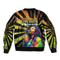 Black unisex bomber jacket with front zipper and large center portrait graphic