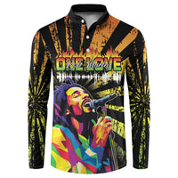 Black button-front sweatshirt with neon orange graphic print and long sleeves