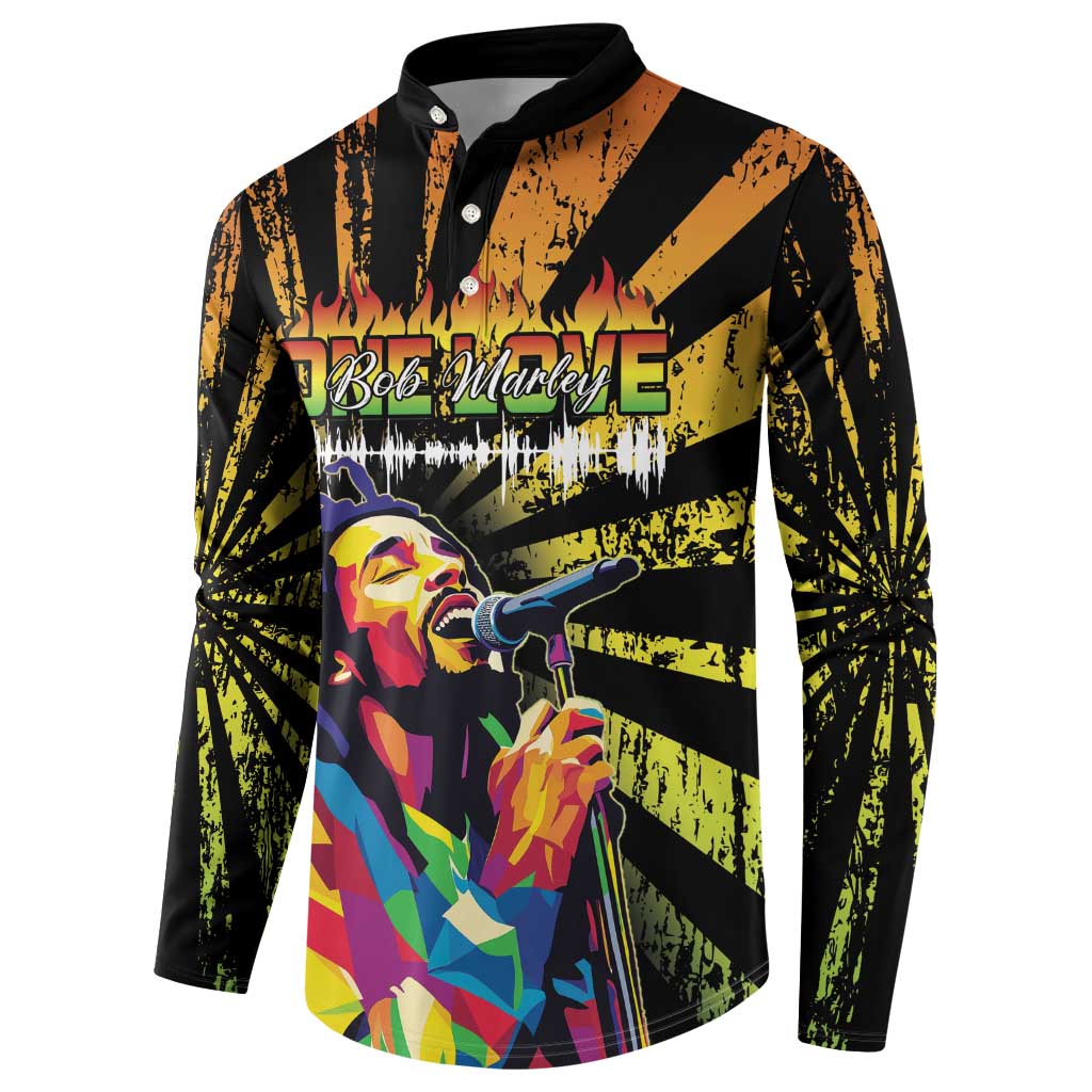Black button-front sweatshirt with colorful reggae-style singer graphic and long sleeves