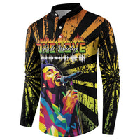 Black button-front sweatshirt with colorful reggae-style singer graphic and long sleeves
