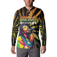 Black button-front sweatshirt with colorful singer graphic and neon orange accents