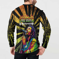 Black button-front sweatshirt with large back graphic of singer and microphone art