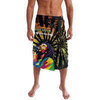 Men's black graphic board shorts with reggae-style lion and starburst print