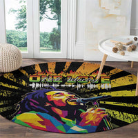 Black round rug with Bob Marley-style singer and microphone, yellow rays and flame patterns