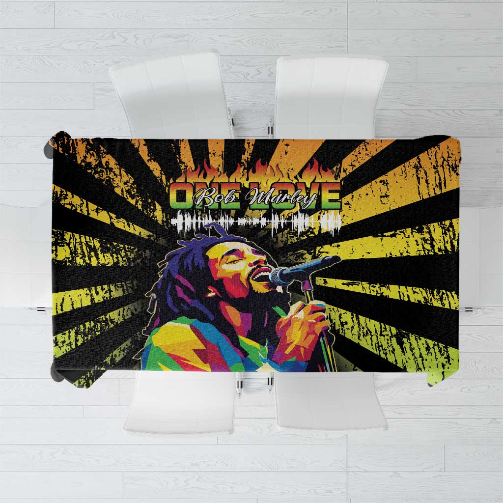 Grunge-style Bob tablecloth with portrait, black/yellow radial print and colorful accents